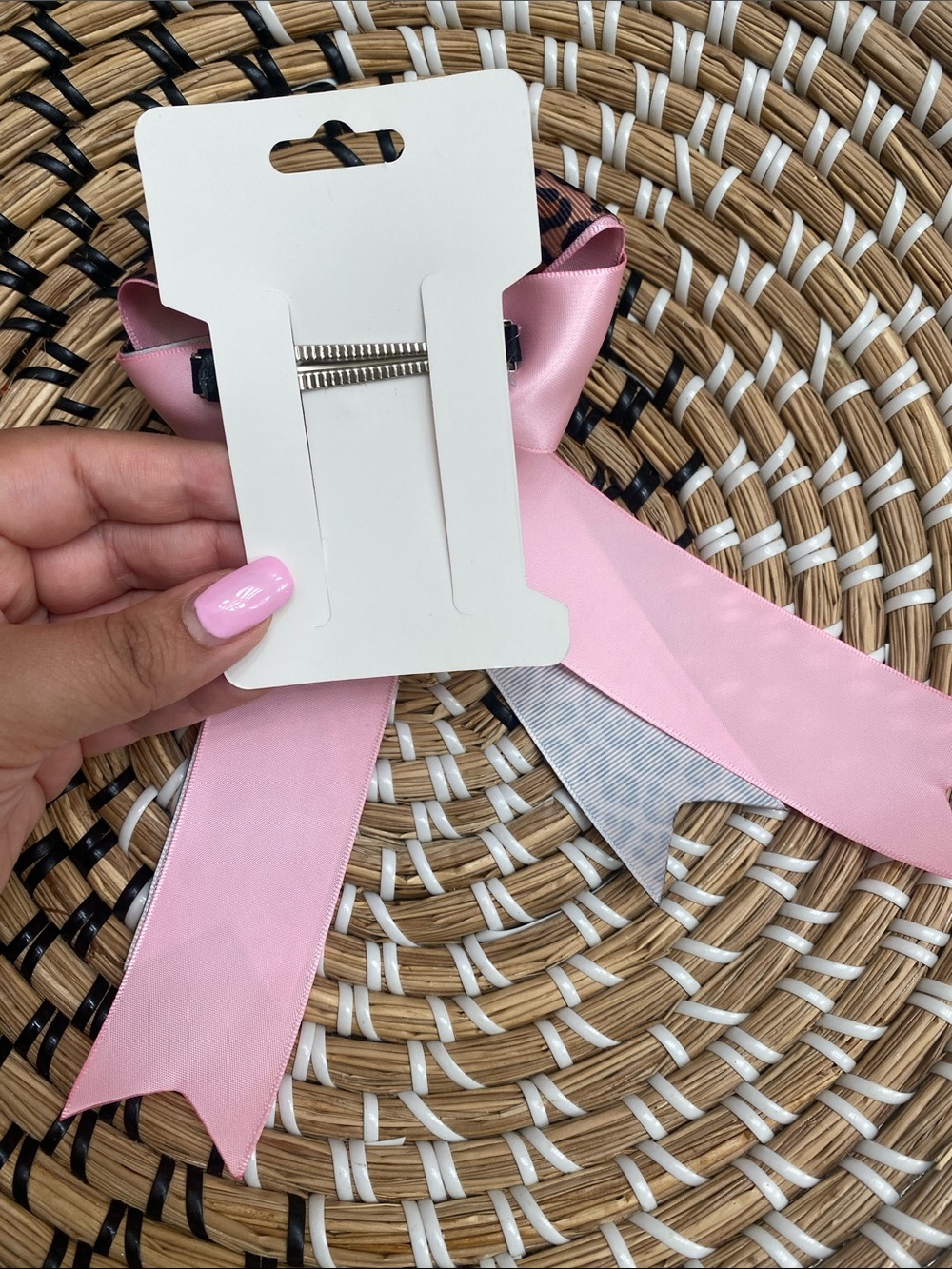 Pink Satin & Leopard Print Hair Bow with Heart Accent - Picture 4 of 4
